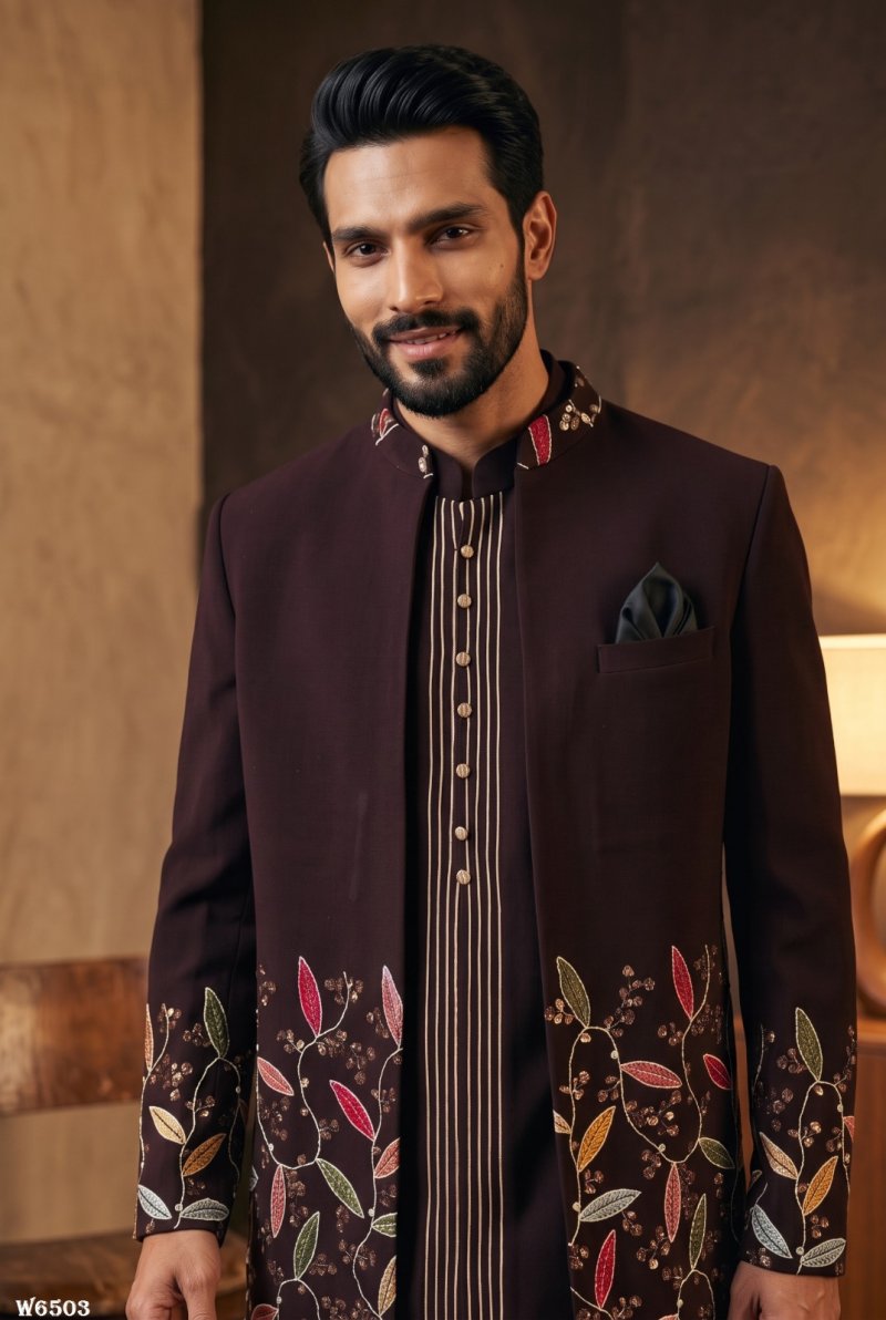 Wine Outluk Wedding Vol 65 Lachaka Embroidery Mens Indo Western W6503